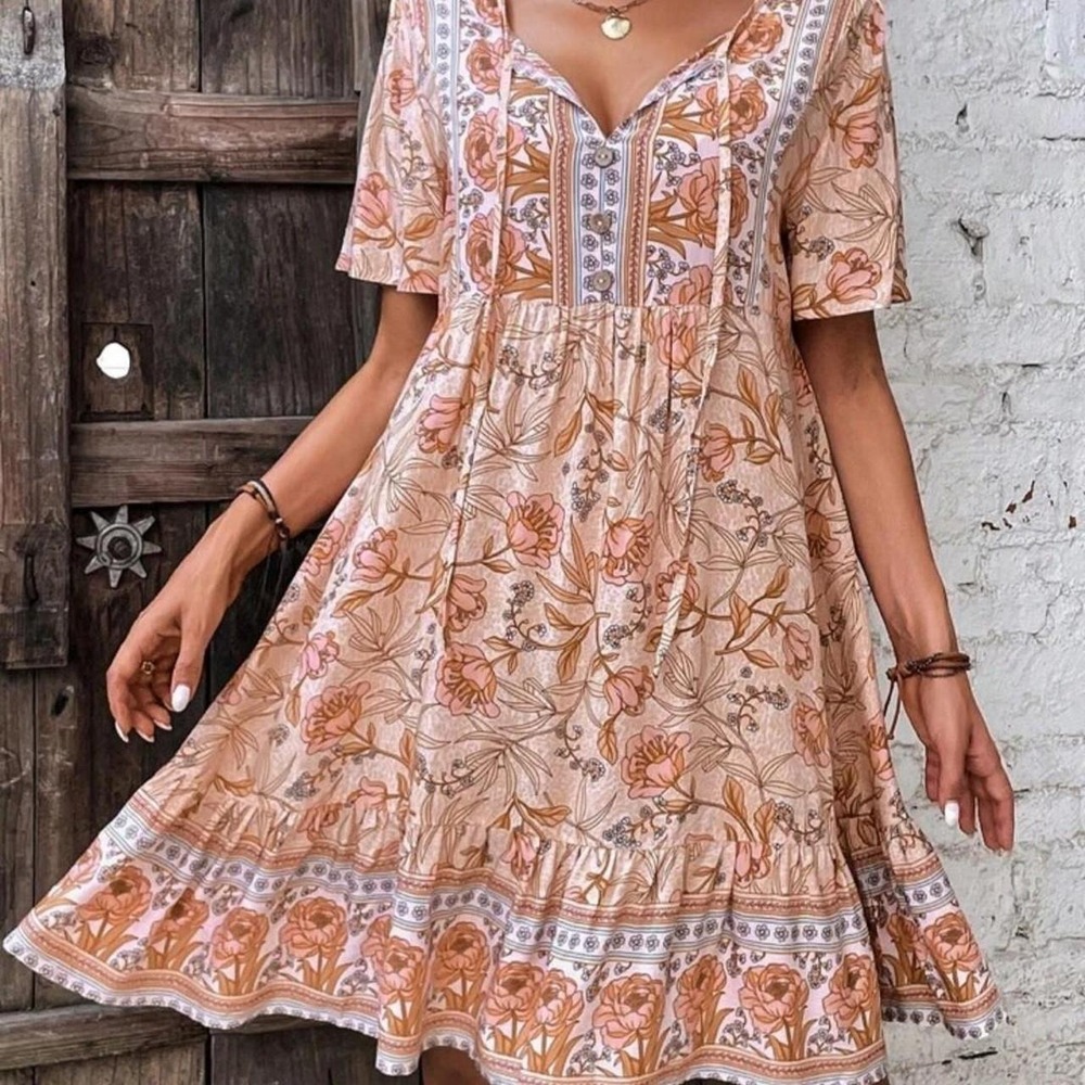 Cottagecore Ruffle Floral Smock Plus Size Peach Rose Paisley Tiered Boho Maxi